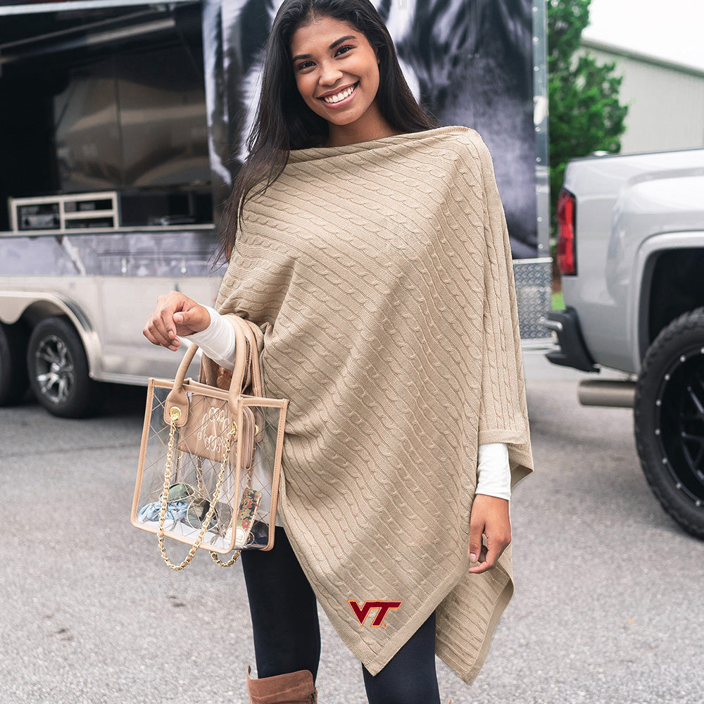 [makenzie] cable knit poncho with virginia tech logo