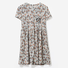 monogrammed t shirt dress in stone leopard