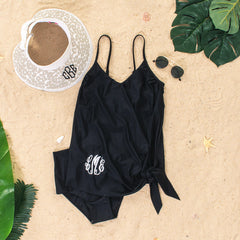 personalized side tie ruched tankini in black
