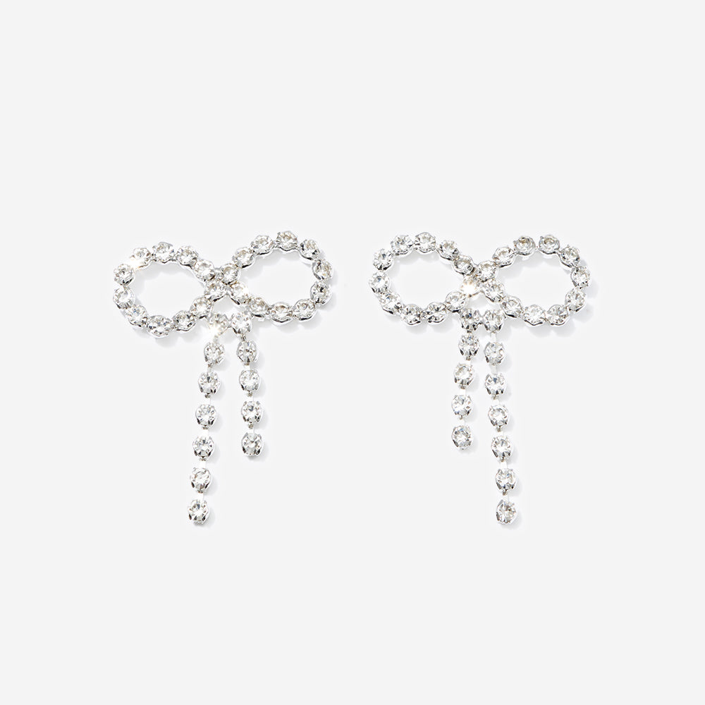 Rhinestone Bow Earrings in Silver