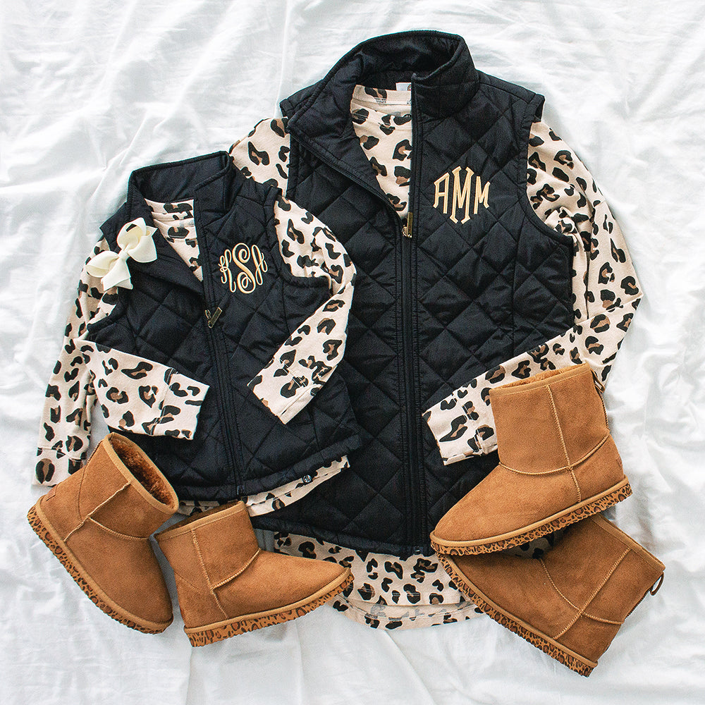 mom and me leopard puffy vest outfits