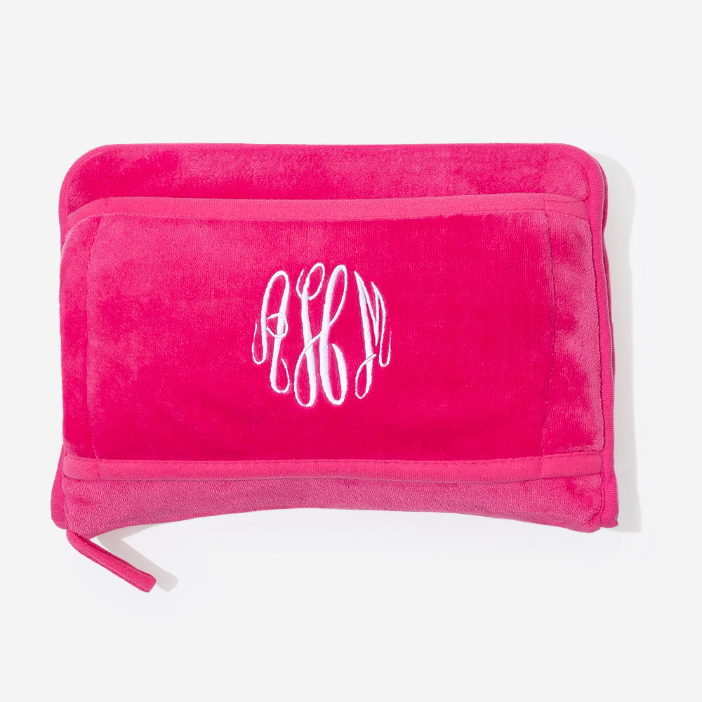 monogrammed travel blanket pillow in hot pink