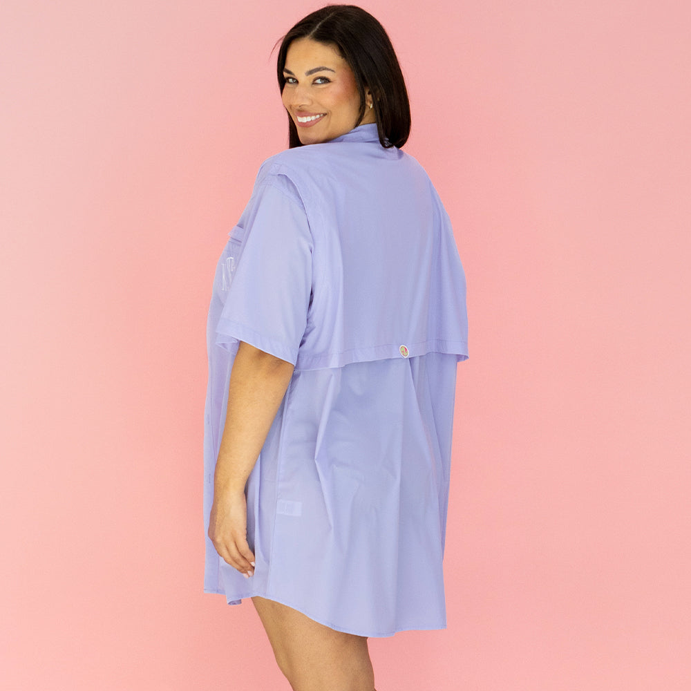side of monogrammed lavender fishing shirt