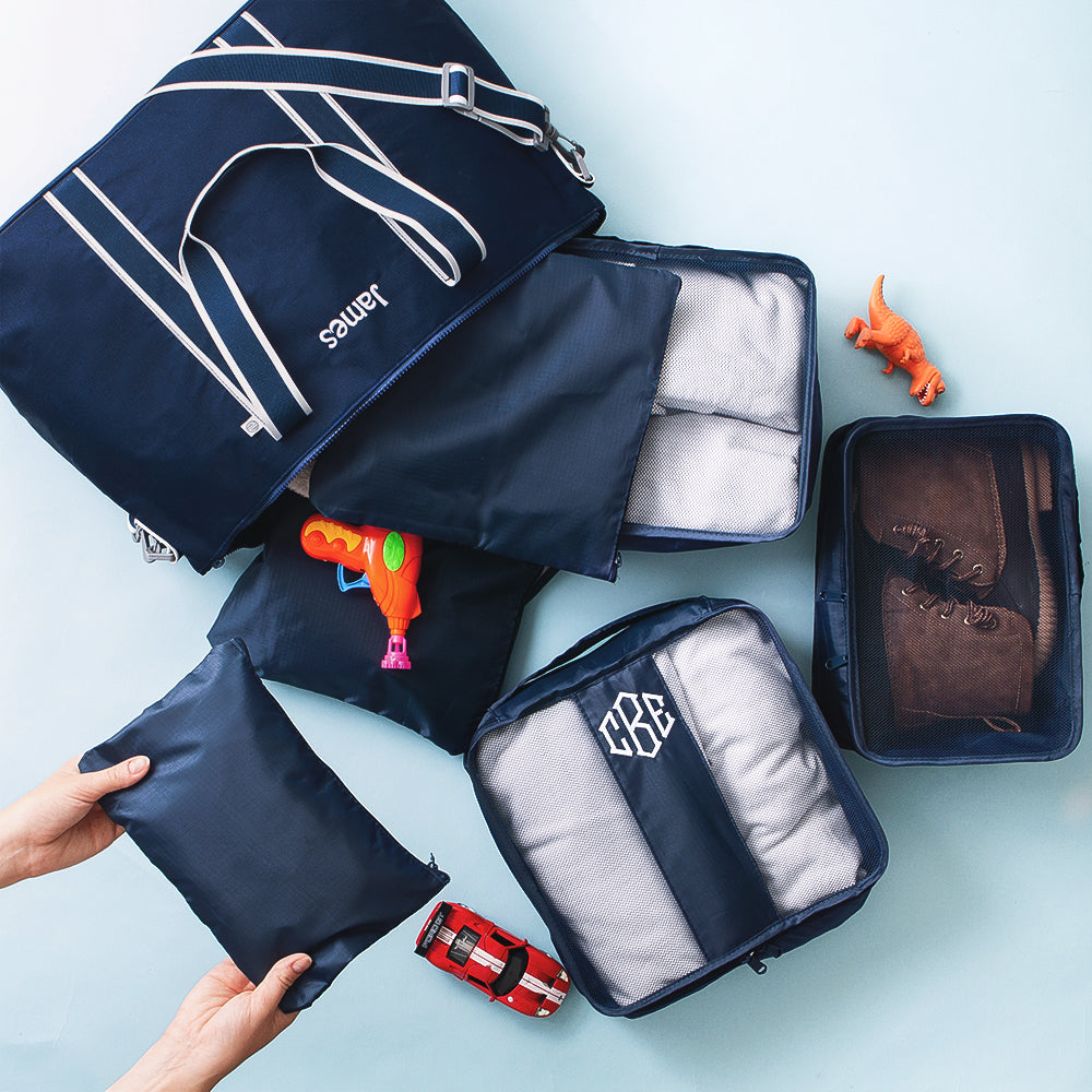 boys navy packing bag set with matching monogrammed weekend bag