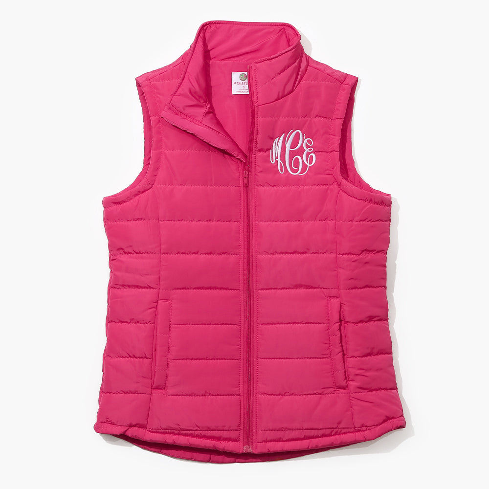 Monogrammed Puffer Vest in Hot Pink