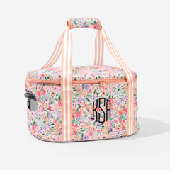 monogrammed slow cooker carrier in coral floral