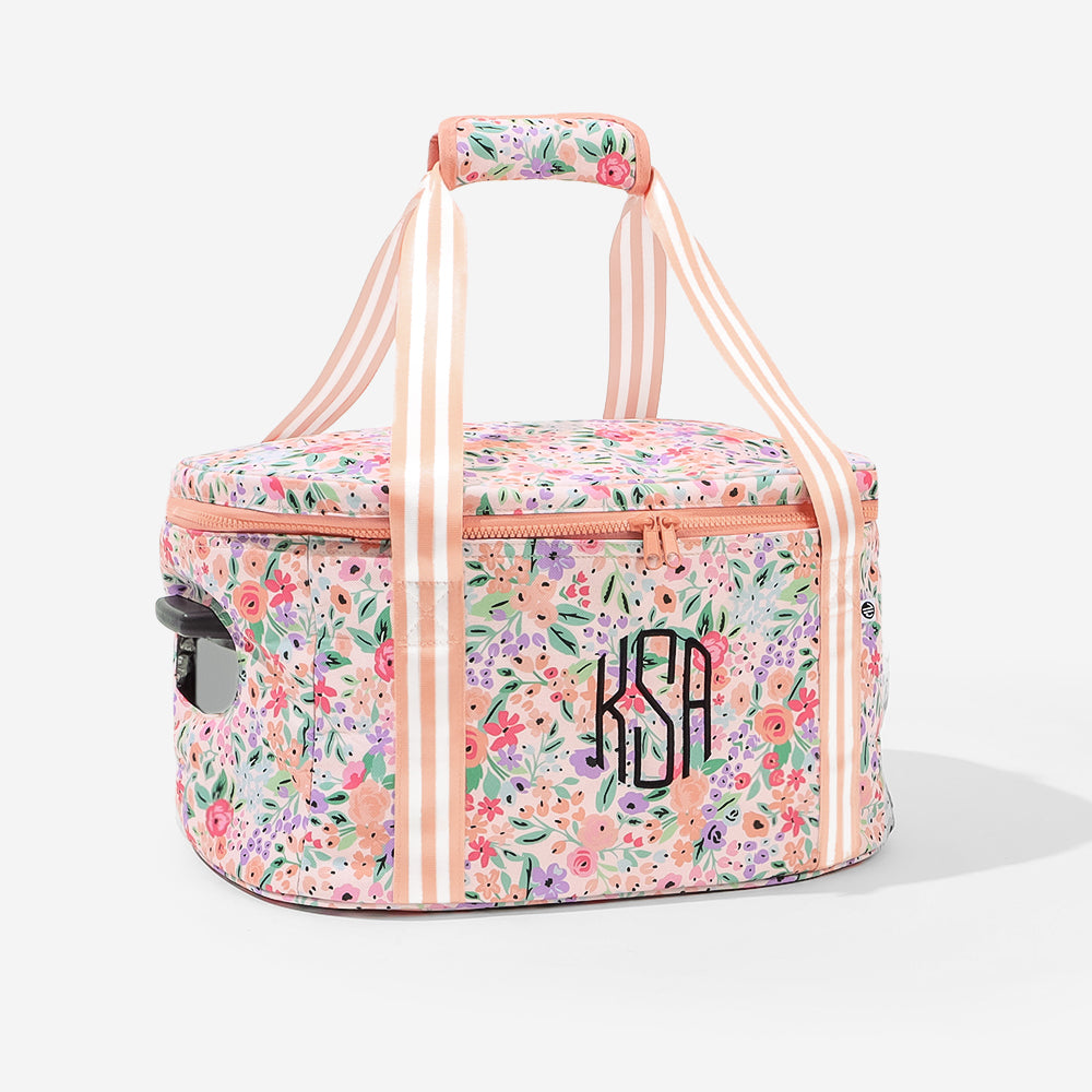 monogrammed slow cooker carrier in coral floral