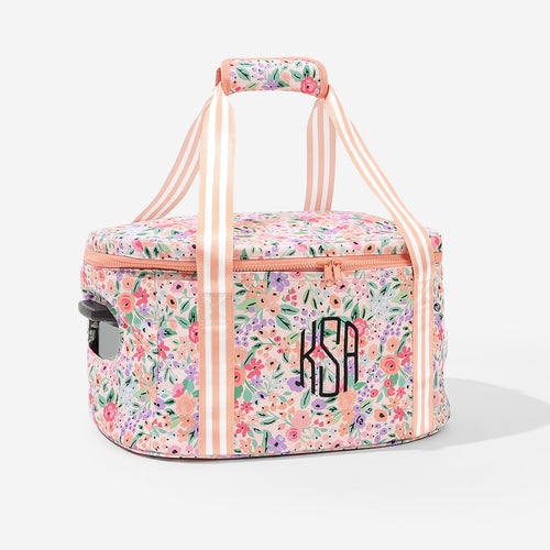 monogrammed slow cooker carrier in coral floral