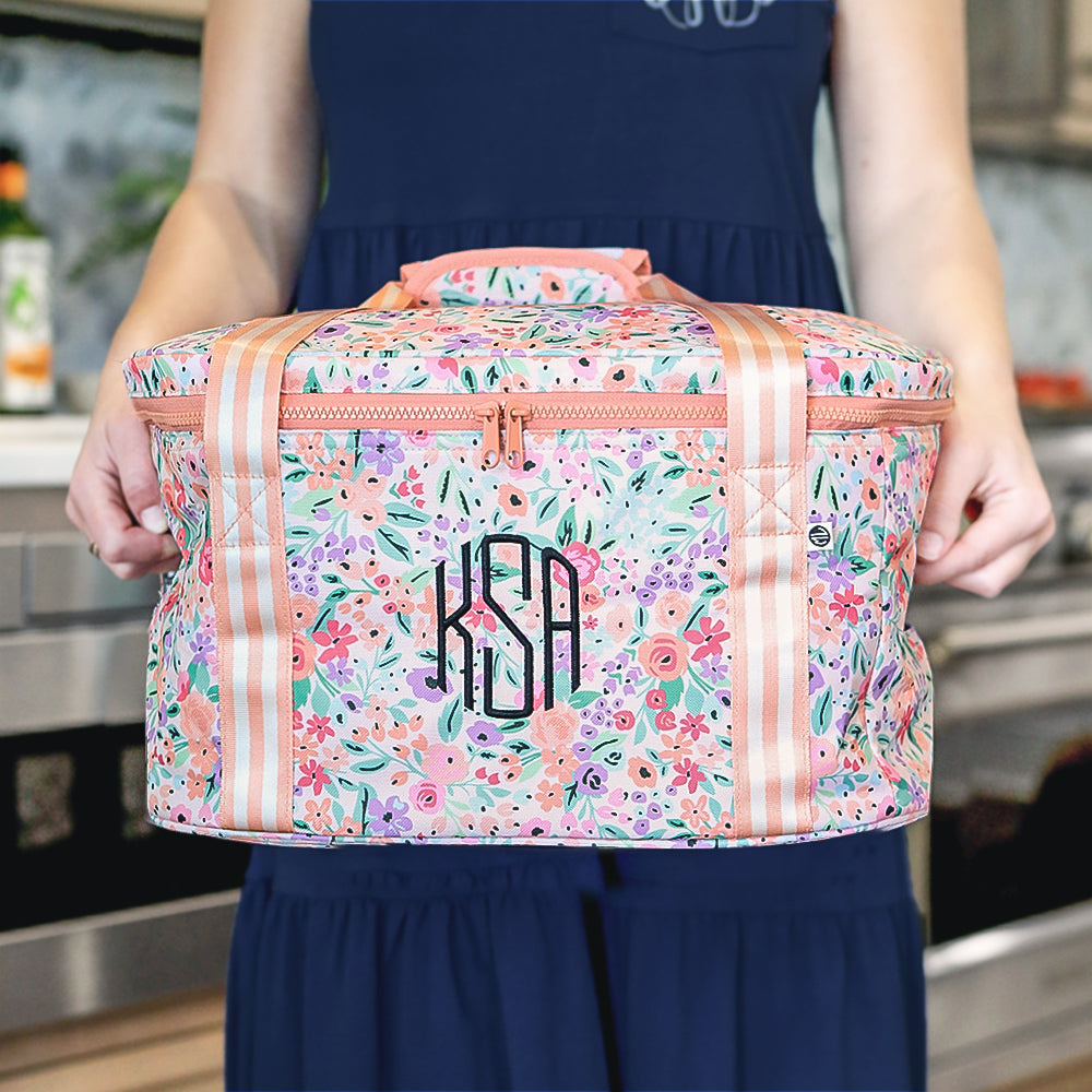 personalized slow cooker carrier in coral floral