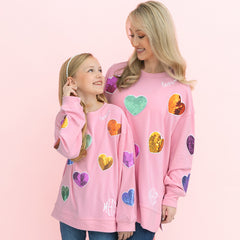 mom and me light pink matching monogrammed sequin heart sweatshirts