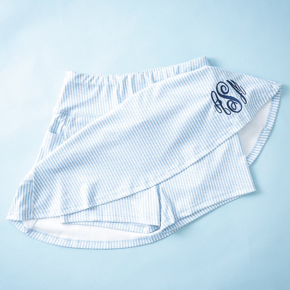 navy seersucker skort flatlay with shorts