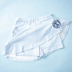 navy seersucker skort flatlay with shorts