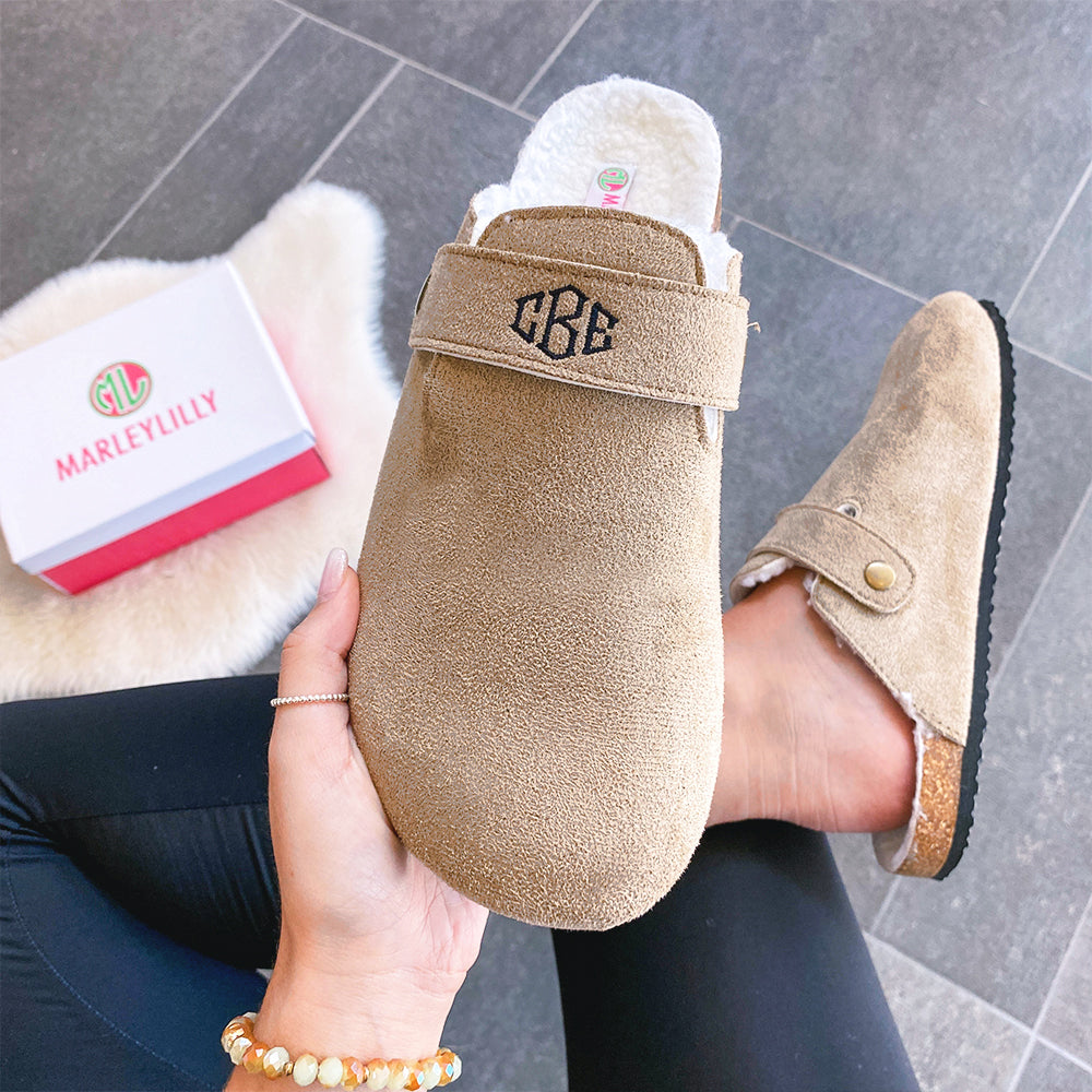 monogrammed clogs up close
