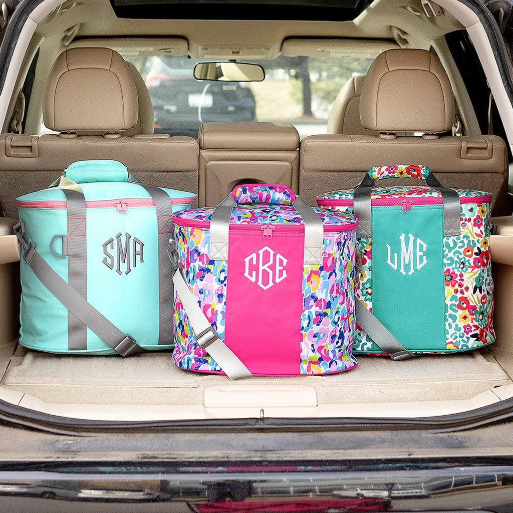 trio personalized coolers in trunk with watercolor cheetah