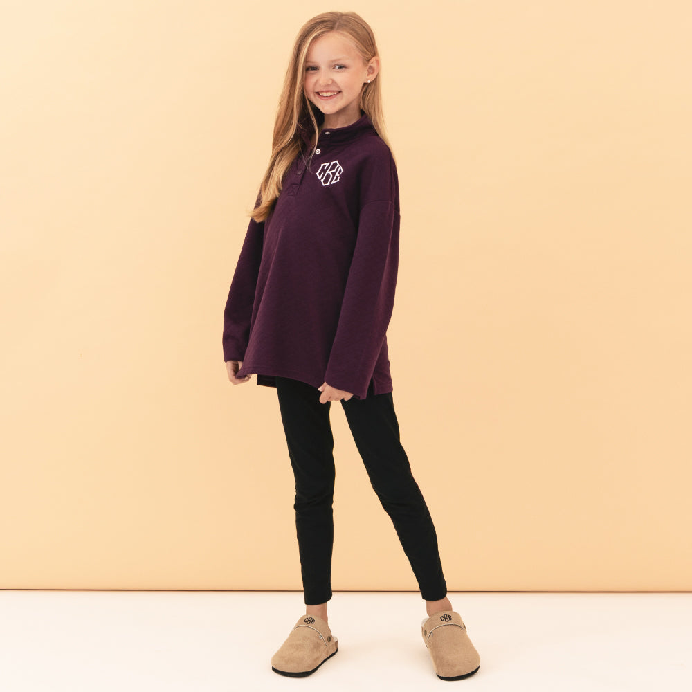 [addie] girl wearing plum monogrammed quilted pullover