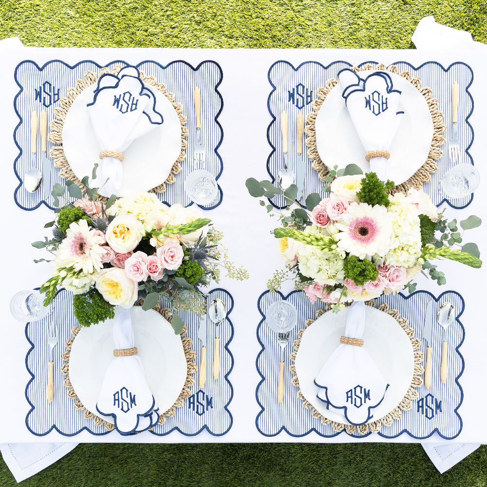 Navy seersucker scalloped placemat table settings
