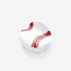 Baseball-shaped hair clip with red stitching print on a white background