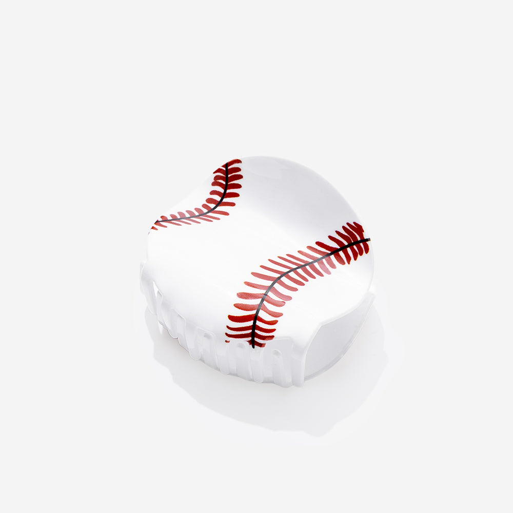 Baseball-shaped hair clip with red stitching print on a white background