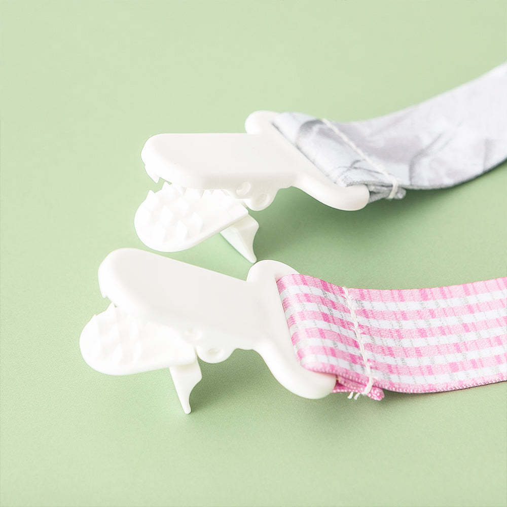 Birch camo and pink seersucker paci clip detail shot