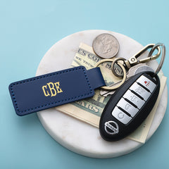 Blue personalized keychain on dish