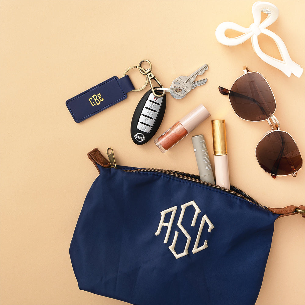 Blue personalized keychain pouch flatlay