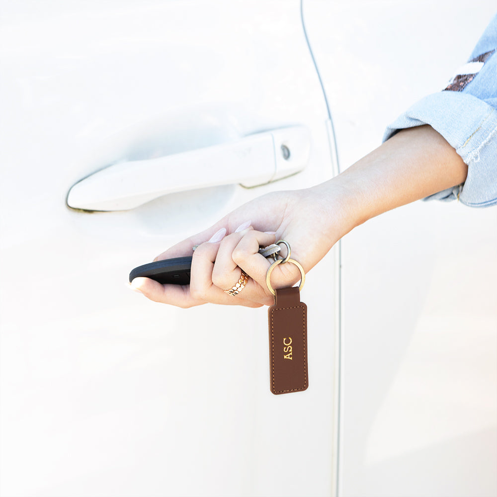 Brown personalized keychain with car keys