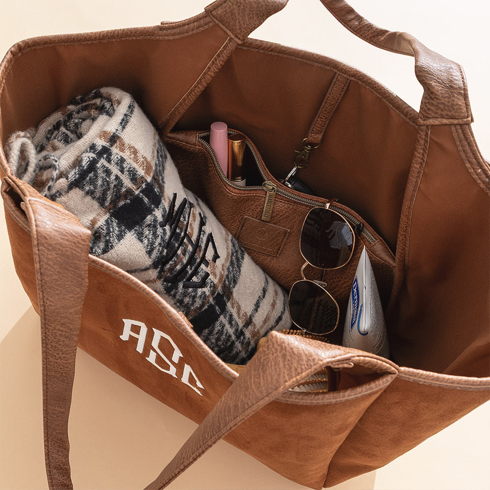 Brown suede timeless tote inside shot