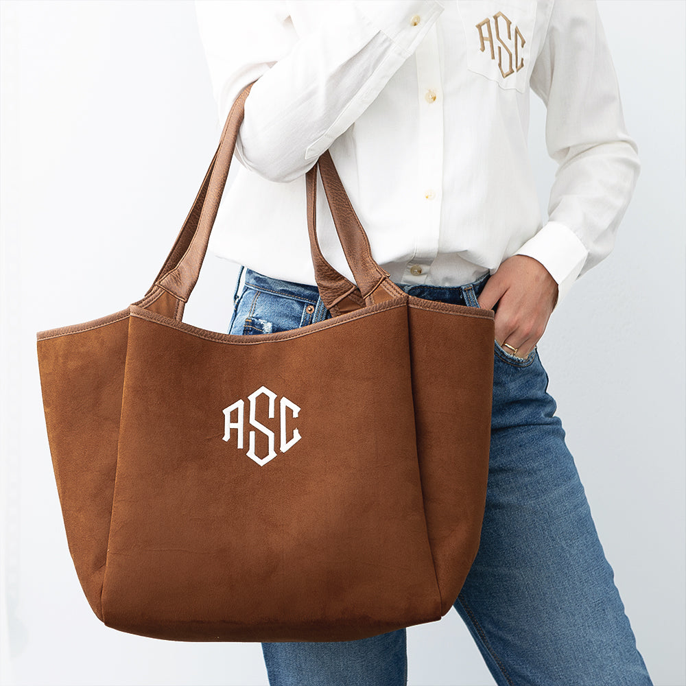 Brown suede timeless tote on annas arm