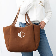 Brown suede timeless tote on annas arm