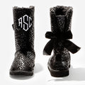 monogrammed sherpa tie booties in onyx leopard