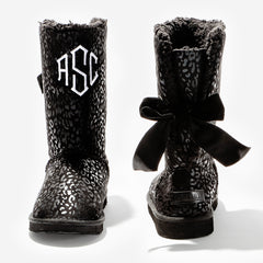 monogrammed sherpa tie booties in onyx leopard