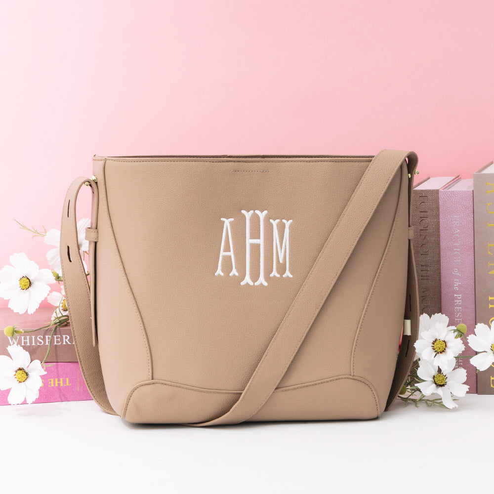 personalized bucket bag in taupe