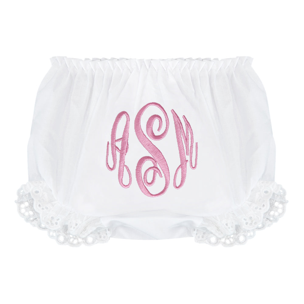 monogrammed white eyelet baby bloomers