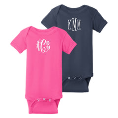 monogrammed baby short sleeve onesies in pink and navy