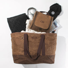 brown waxed canvas hanging toiletry bag with xl tote