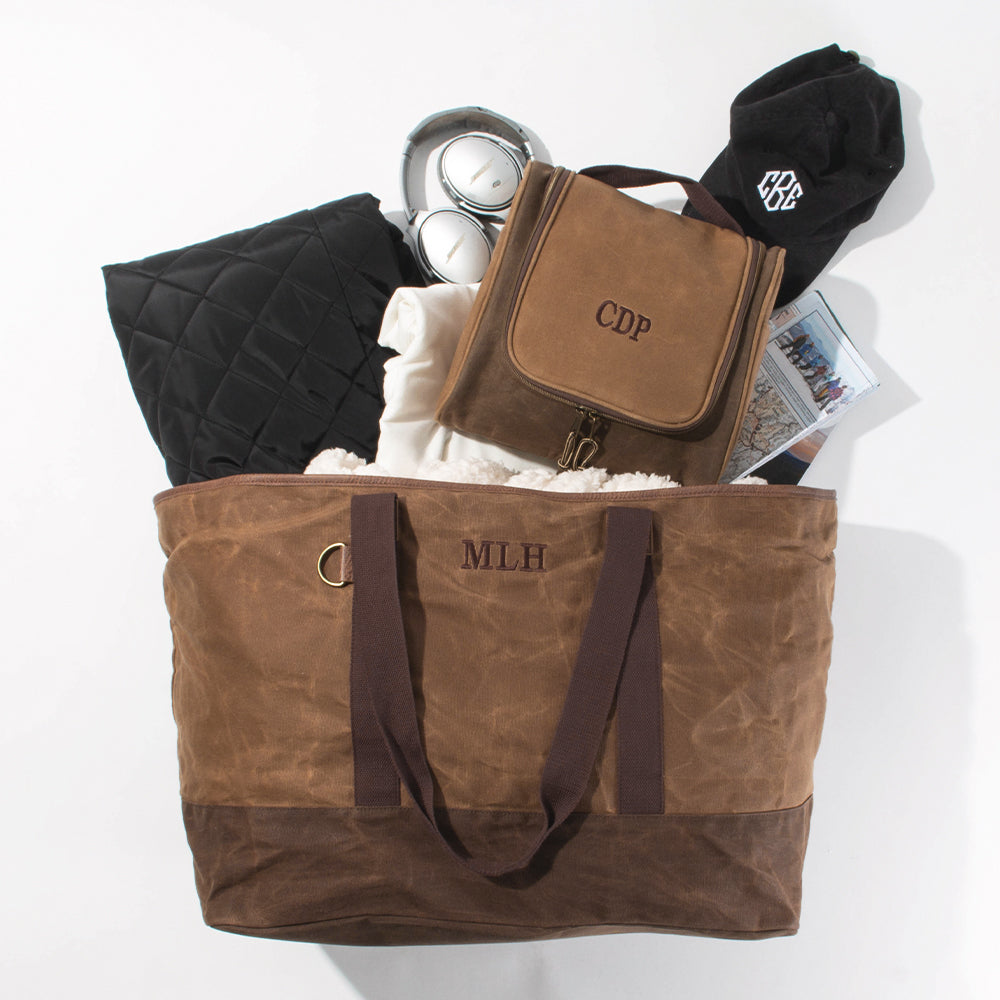 brown waxed canvas hanging toiletry bag with xl tote