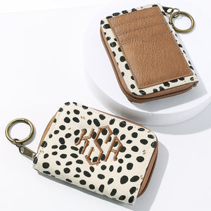front and back of white leopard keychain wallet
