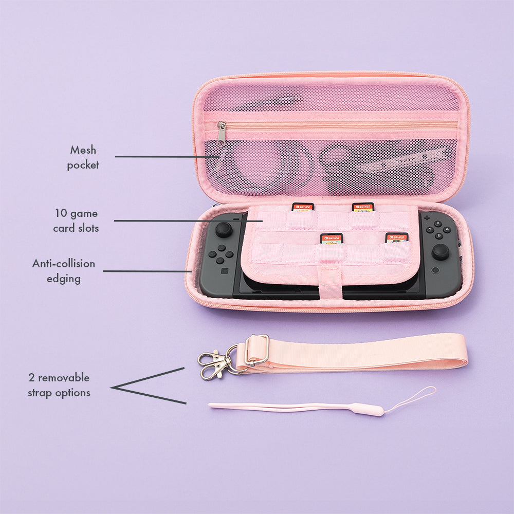 pink monogrammed nintendo switch case with straps infographic