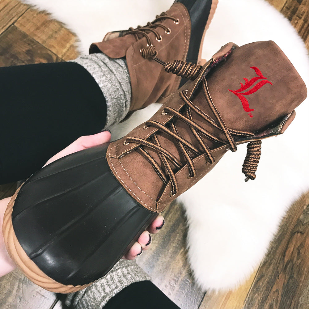 Louisville Cardinals Duck Boots in Brown close up