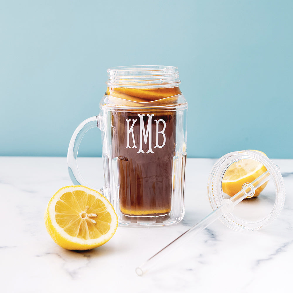 monogrammed mason jar with tea inside