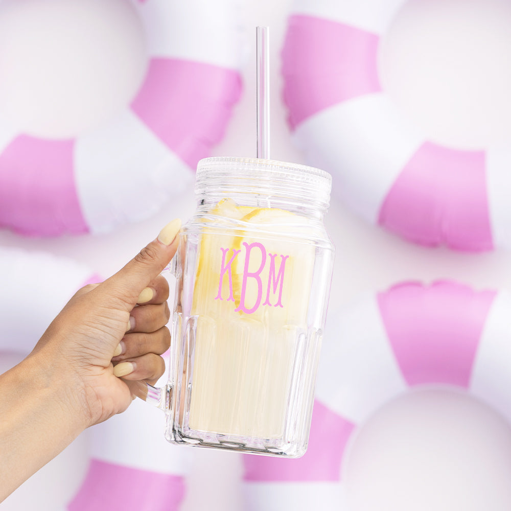 personalized mason jar with pink monogram