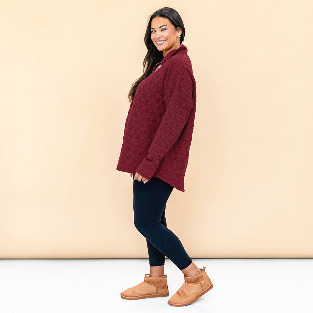 crimson quilted quarter zip pullover on julia ann side view