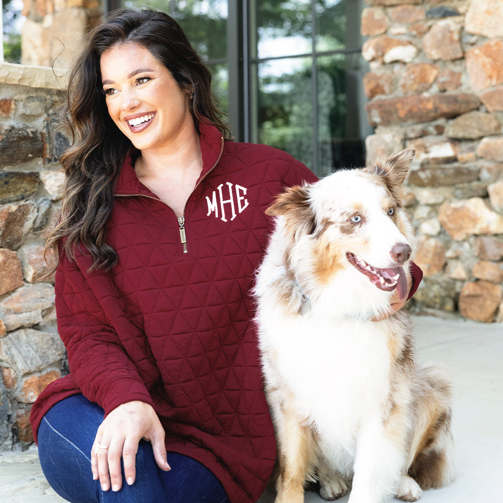 crimson quilted quarter zip pullover with dog