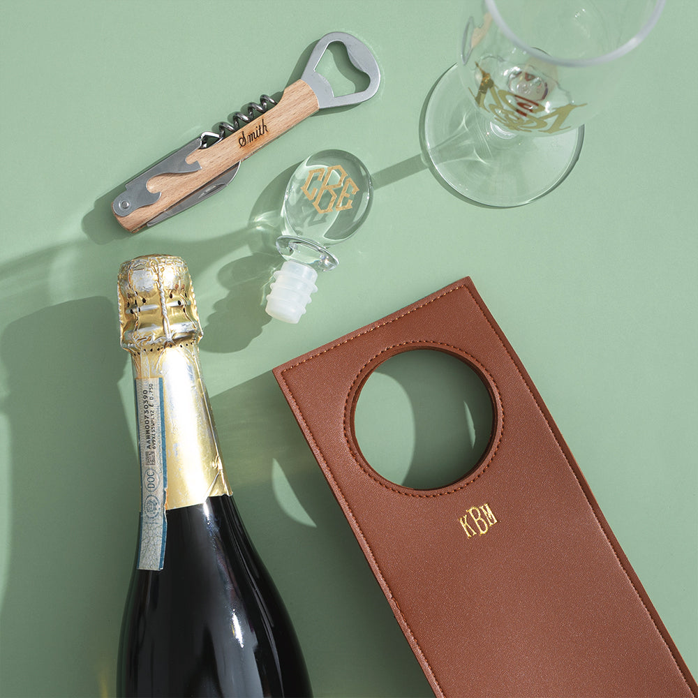 Camel Personalized wine bag flatlay with wine cork and corkscrew