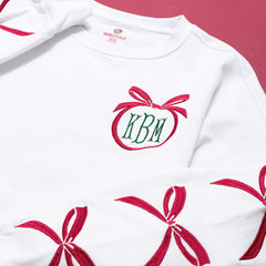 Christmas bow sweatshirt detail shot