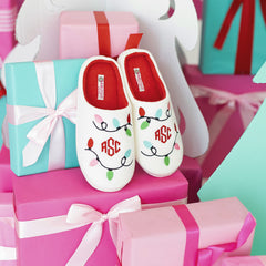 Christmas lights slippers with christmas presents
