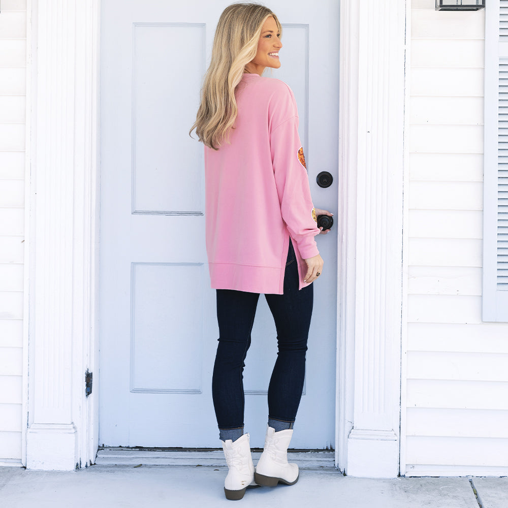 back of pink sequin hearts sweatshirt