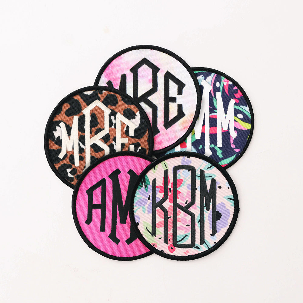 monogrammed patches in cheetah hot pink coral floral navy floral and tie dye