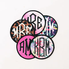 monogrammed patches in cheetah hot pink coral floral navy floral and tie dye