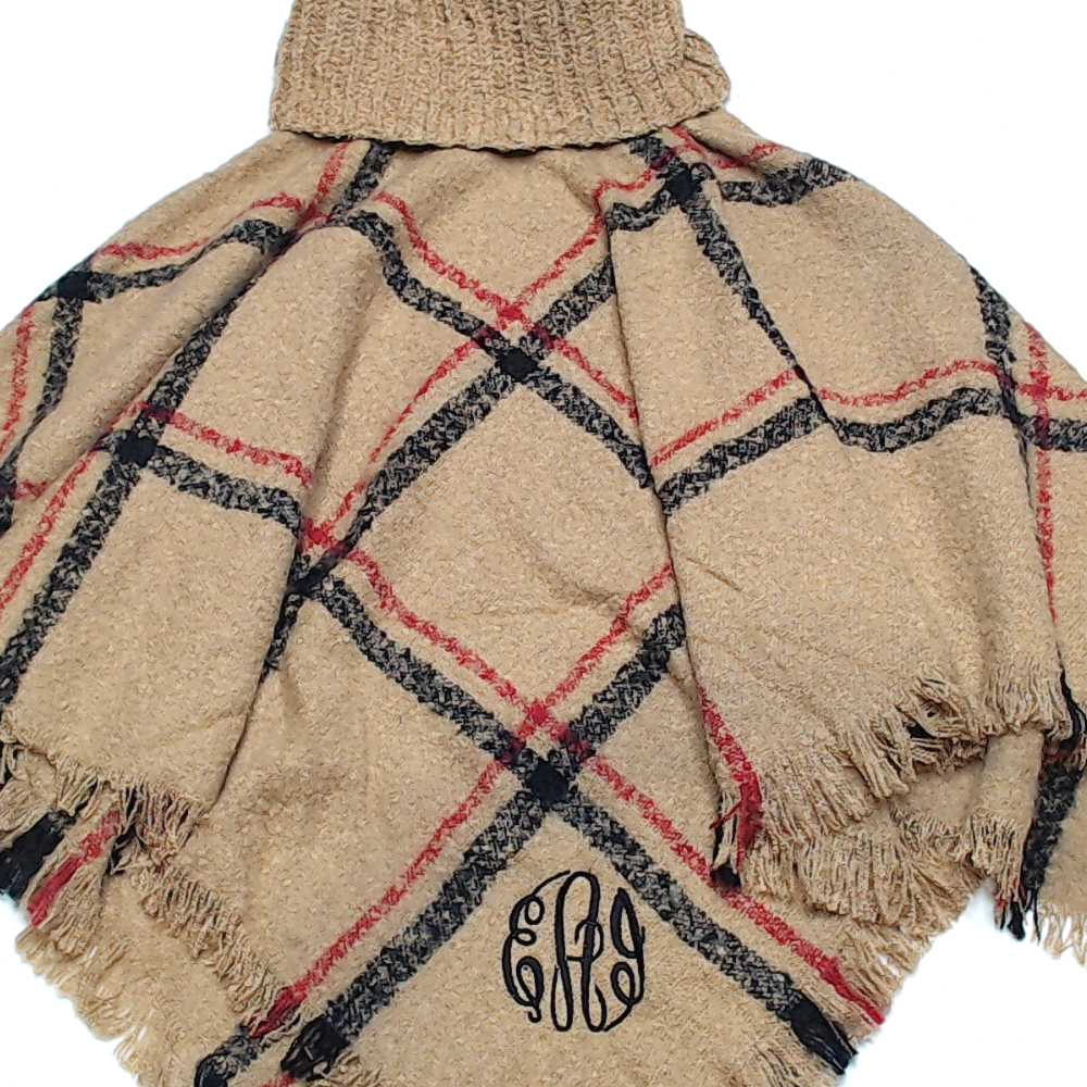 BLOOPER CLOTHING: Monogrammed Plaid Cowl Neck Poncho